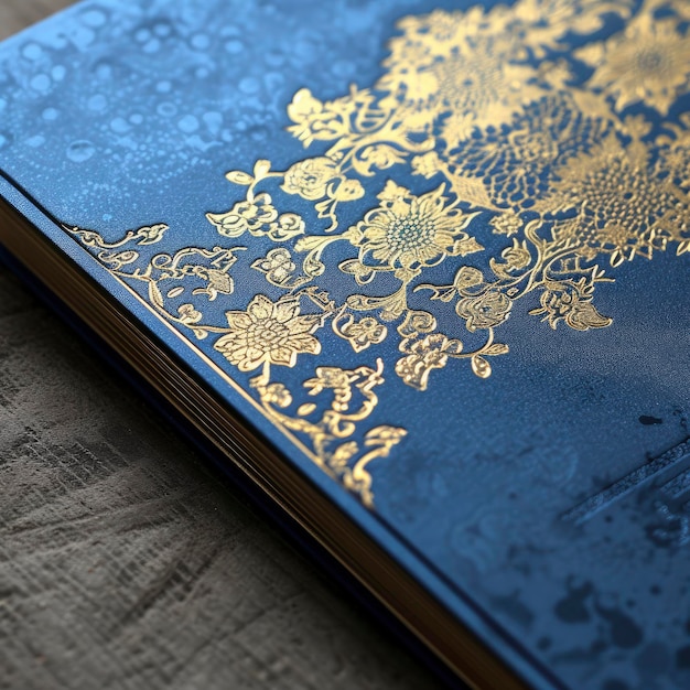 Un sencillo y hermoso diseño de invitación de boda de estilo artístico musulmán con una armoniosa paleta de oro y azul en una sorprendente composición gráfica