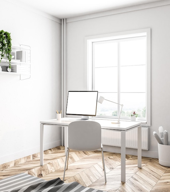 Sencillo lugar de trabajo de oficina en casa blanco con una mesa y una silla blancas, una pantalla de ordenador simulada y un suelo de madera con una alfombra encima. Vista lateral. representación 3d