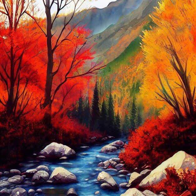 Senderismo en el dibujo de acuarela de las montañas de otoño