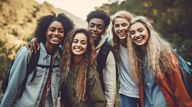 Senderismo con un grupo de amigos felices y una mochila IA generativa