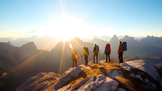 Senderistas mirando la cima de una montaña al atardecer Vida activa viajes invierno senderismo concepto de naturaleza