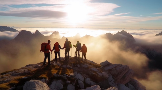 Senderistas mirando la cima de una montaña al atardecer Vida activa viajes invierno senderismo concepto de naturaleza