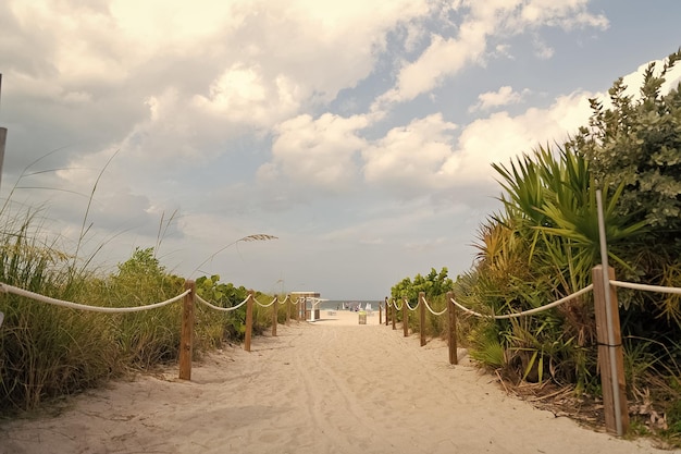 Sendero de arena a Miami South Beach en Florida, EE.UU.