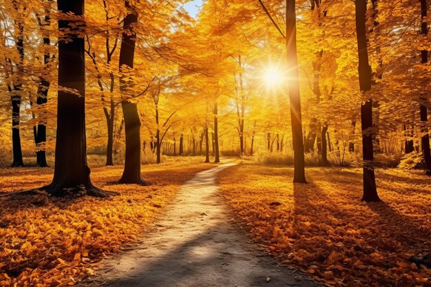 Un sendero bañado por el sol a través de un bosque vibrante