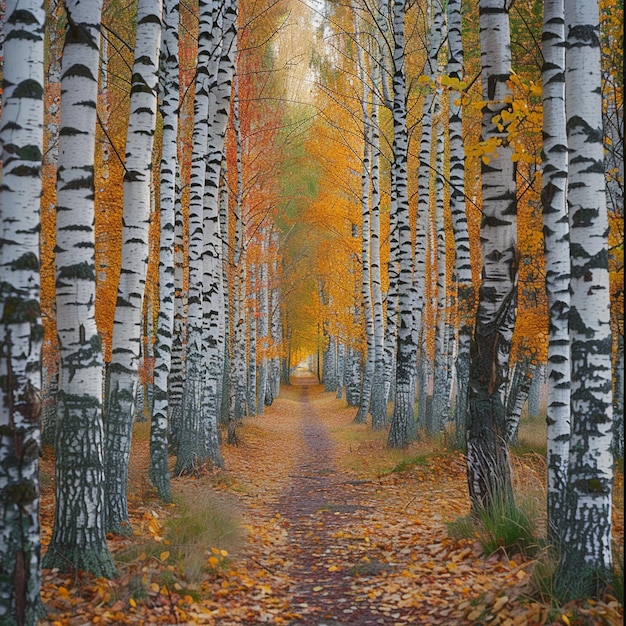 El sendero del bosque de abedul de otoño con colores vibrantes y hojas amarillas