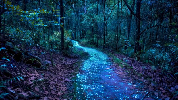 El sendero del bosque bioluminescente las luces nocturnas naturales guían el camino