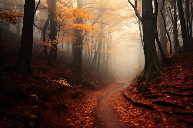 El sendero del bosque brumoso rodeado de colores de otoño