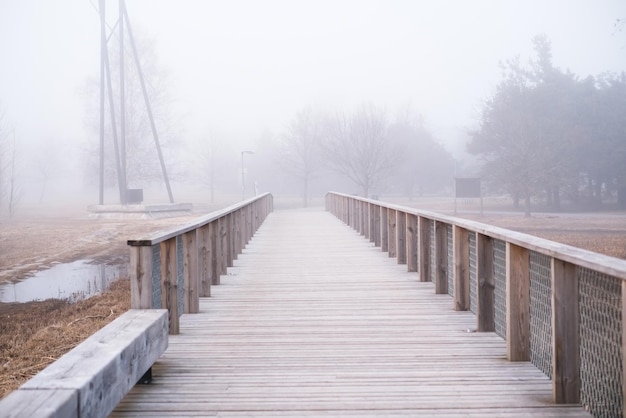 Sendero para caminar en el parque durante la niebla intensa Cambios y condiciones climáticas