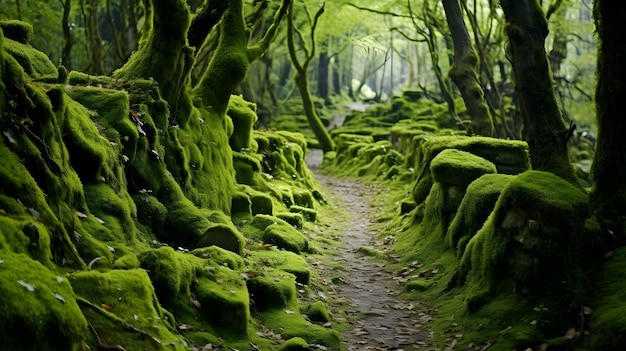 Un sendero cubierto de musgo que serpentea a través de un antiguo bosque