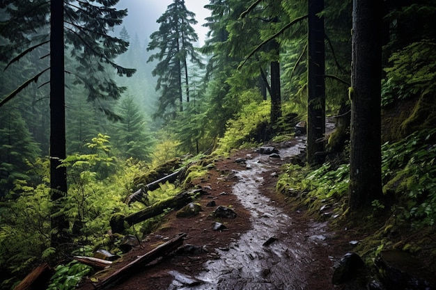 Un sendero empapado de lluvia que serpentea a través de un bosque