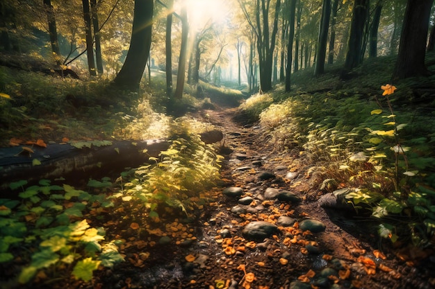 Un sendero forestal bañado por el sol con la luz del sol moteada filtrándose a través de las hojas y el suave crujido de las hojas caídas bajo los pies