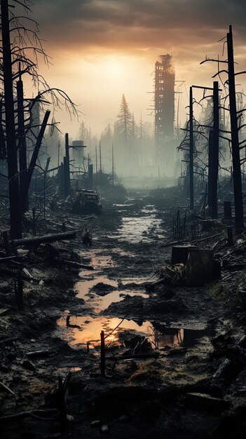 un sendero forestal en el bosque con un edificio en el fondo.