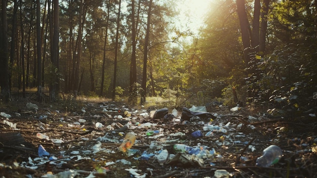 Un sendero forestal cubierto de basura destaca el impacto de la contaminación en la naturaleza