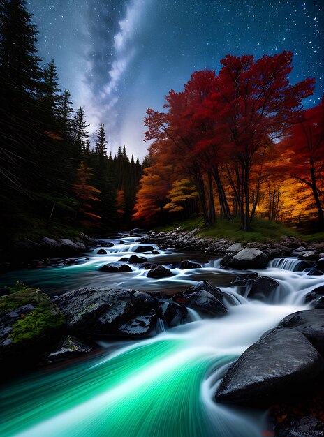 Un sendero forestal con espacio para texto representado en acuarela con una paleta de colores de neón vibrante Generativa AI Generada