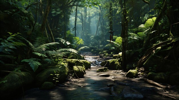 un sendero forestal en la selva con una cascada en el fondo.