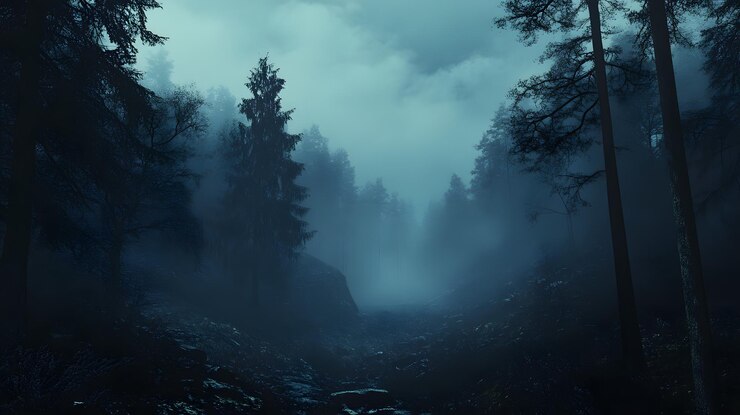Un sendero forestal con silueta desaparece en una espesa niebla