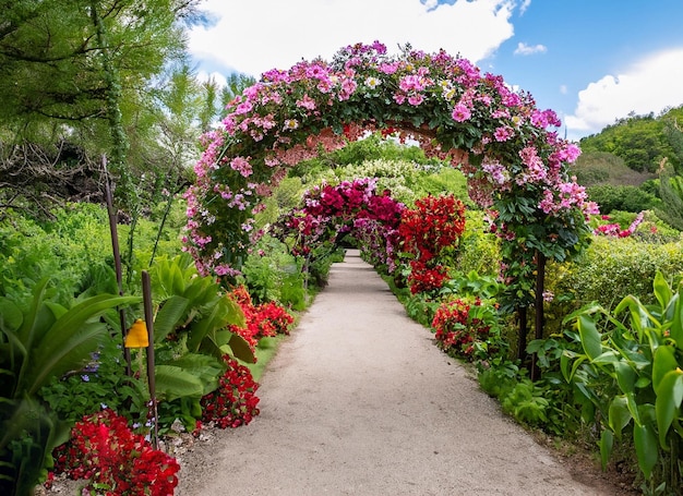 Sendero bajo un hermoso arco de flores y plantas.