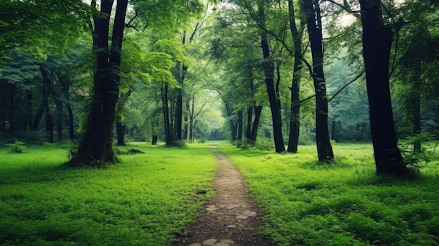 Un sendero de hierba verde en el bosque