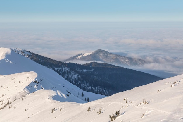 El sendero de invierno recorre una cresta de montaña que se eleva bellamente por encima de las nubes