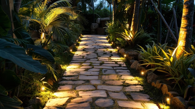 Foto el sendero del jardín iluminado por la noche