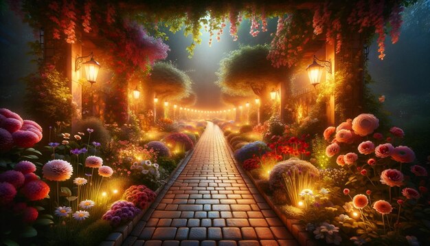 Un sendero de jardín mágico bajo un cielo nocturno cálidamente iluminado por linternas y rodeado de flores vibrantes