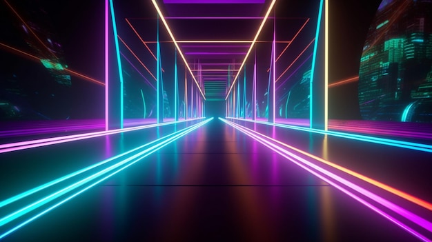 sendero de luz de neón de color abstracto Luces de neón en un túnel oscuro con una ciudad en el fondo