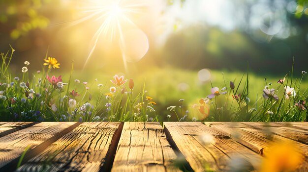 Un sendero de madera iluminado por el sol que conduce a través de un vibrante prado de primavera La belleza de la naturaleza capturada en luz cálida y colores vívidos Una escena al aire libre serena perfecta para la tranquilidad y la inspiración IA