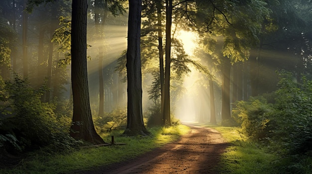 El sendero de la mañana del bosque brumoso