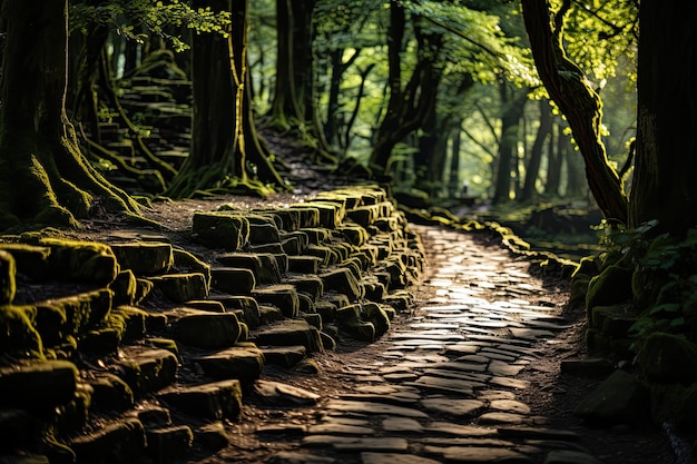 Sendero misterioso en el denso bosque bajo el dosel generativo IA