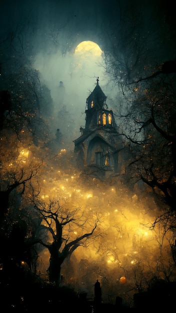 Sendero de niebla naranja que brilla intensamente a través de un bosque oscuro y espeluznante bajo la luz de la luna con una antigua iglesia en el fondo Invitación postal de fiesta de Halloween o Fantasma