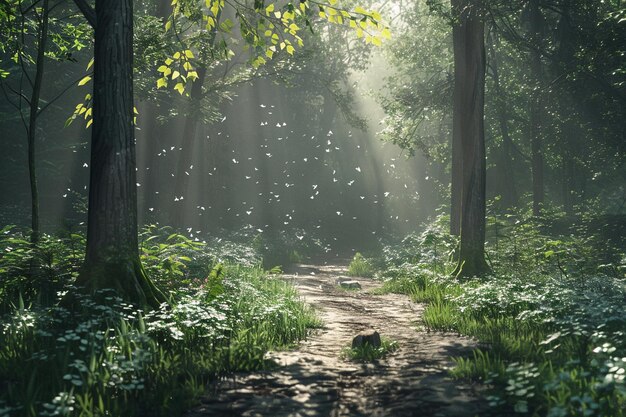 Foto un sendero pacífico en el bosque con la luz del sol moteada