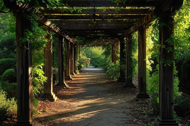 Un sendero panorámico que atraviesa un frondoso bosque verde rodeado de abundantes árboles. Un camino moteado de luces y sombras bajo una pérgola de densos árboles generados por IA.