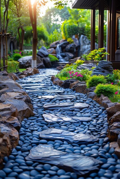 El sendero de piedra está en el jardín con cascada y piedra azul en el parque