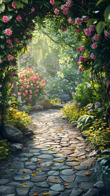 Un sendero de piedra a través de un jardín exuberante