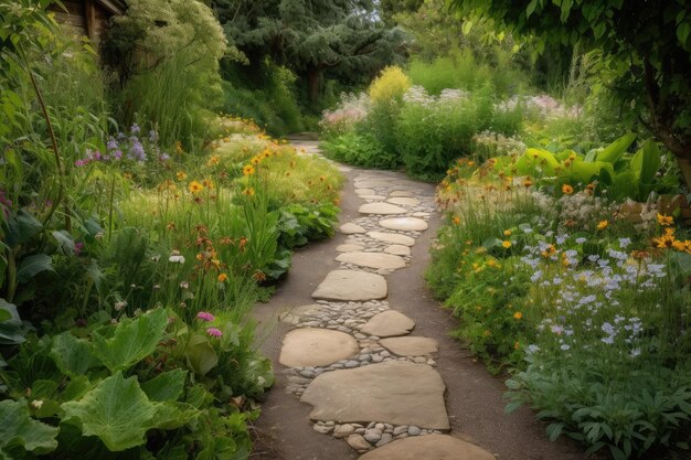 Un sendero que serpentea a través de un jardín exuberante con escalones y plantas con flores