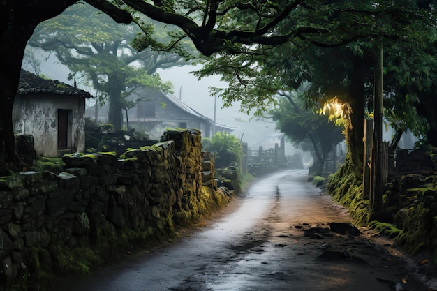 Un sendero rústico a través de un encantador pueblo de montaña en la tranquilidad rural