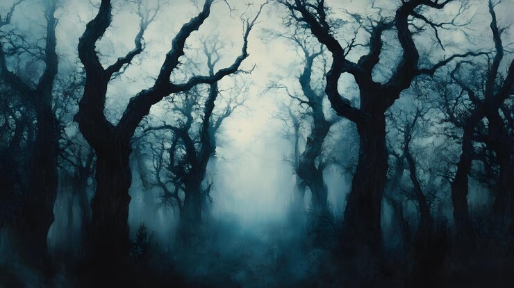 Un sendero con siluetas a través de un bosque oscuro y brumoso