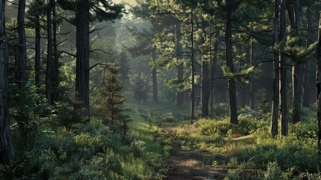 Un sendero sinuoso conduce a través de un denso bosque el aire espeso con los olores de pino y tierra el