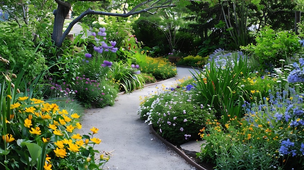 Un sendero sinuoso del jardín conduce a través de un exuberante y colorido jardín de flores