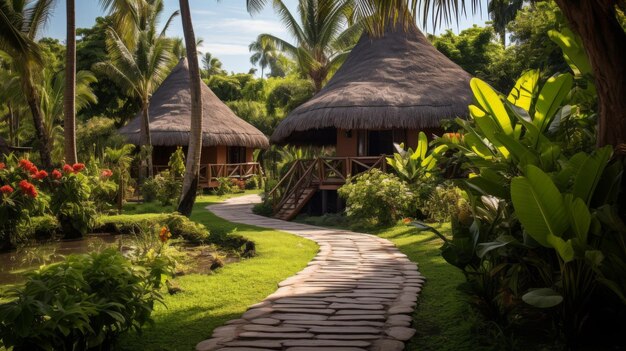 Foto un sendero sinuoso serpentea a través de un exuberante jardín tropical que conduce a chozas tradicionales