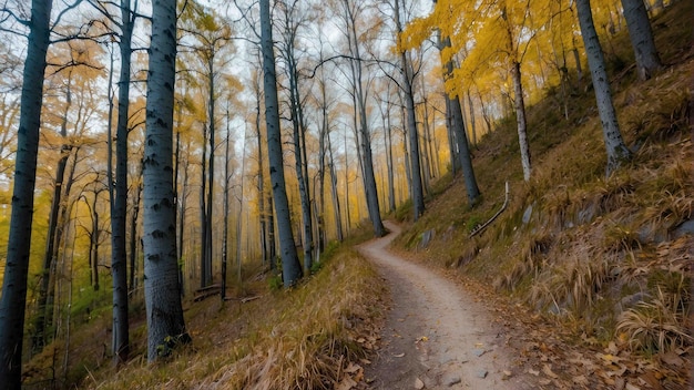 Un sendero a través de un bosque dorado de niebla de otoño