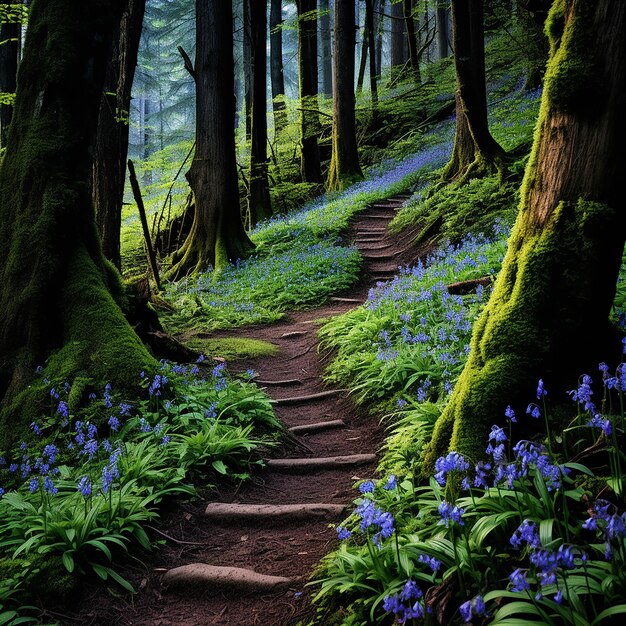 Un sendero a través de un bosque está flanqueado por flores de colores