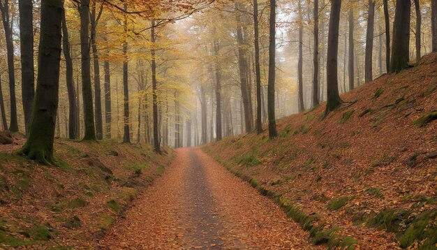 Un sendero a través de un bosque en el Harz cubierto de una gruesa capa de hojas de otoño