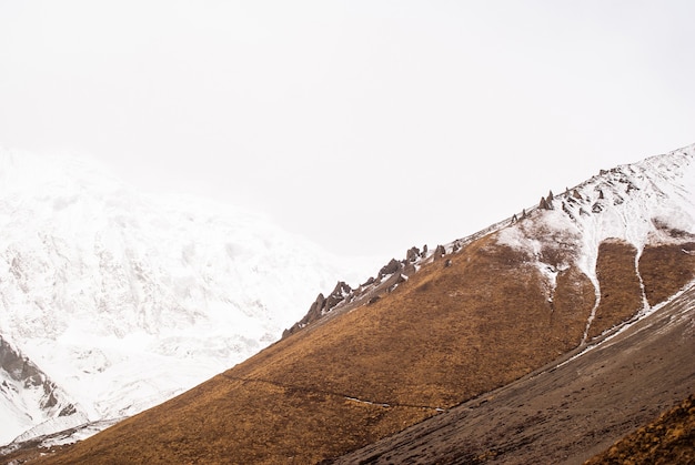 Sendero de trekking en montañas con picos nevados