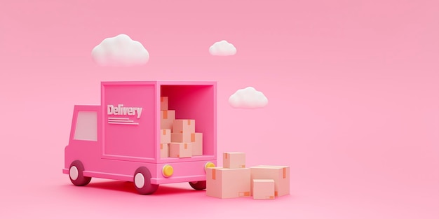 Sendungszustellung per LKW und Paketbox oder Kartons Lieferung Transport Logistikkonzept auf rosa Hintergrund 3D-Darstellung