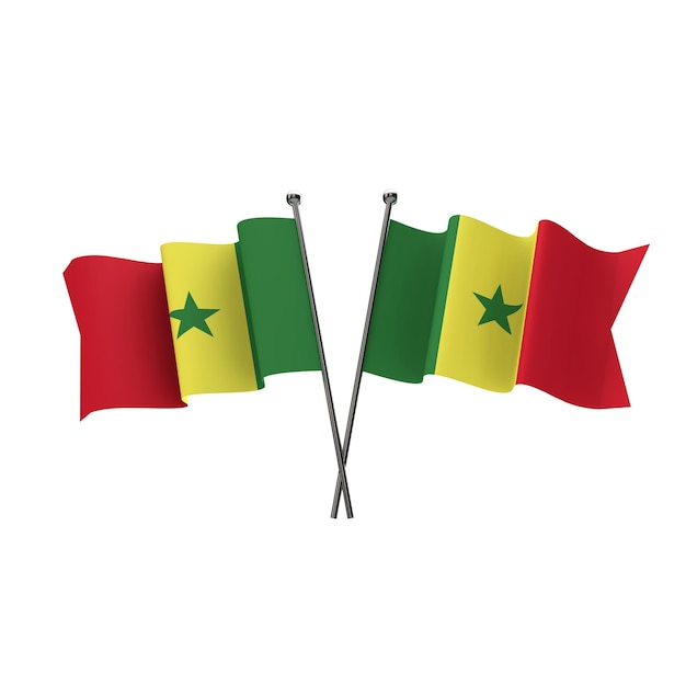 Senegal banderas cruzadas aisladas sobre un fondo blanco 3D Rendering