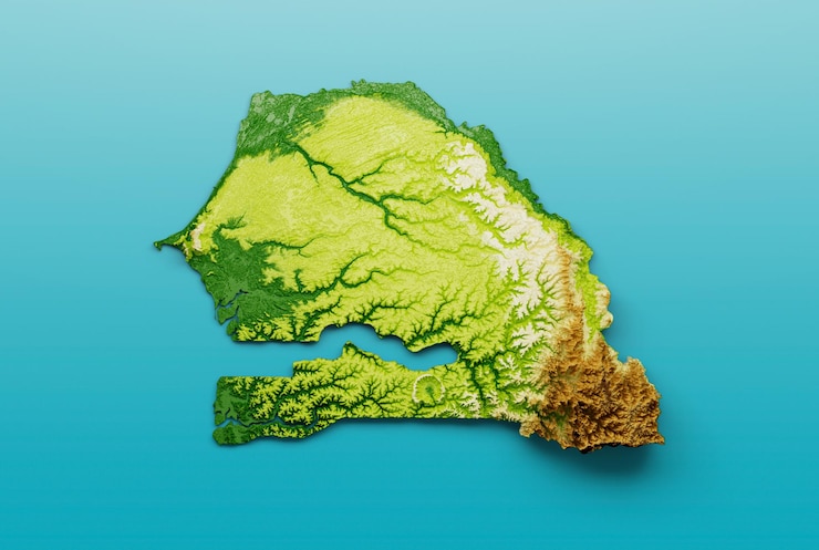 Foto senegal mapa relieve sombreado mapa de altura de color en el mar fondo azul ilustración 3d