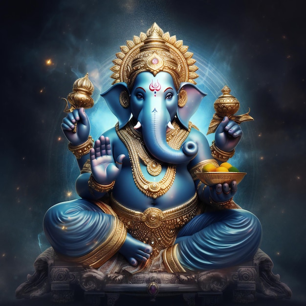 Senhor Ganesha em azul com um halo em fundo cósmico