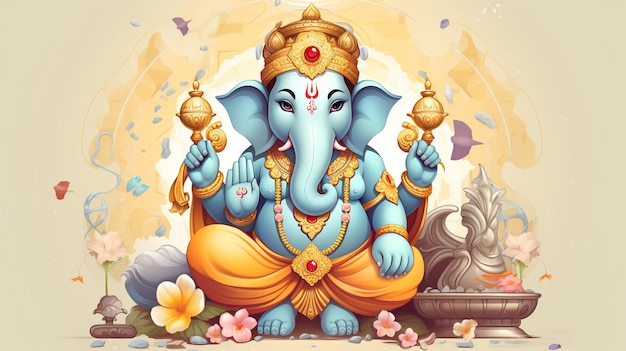 Senhor Ganesha em estilo de desenho animado adornado com ornamentos em um fundo pastel irradiando charme divino