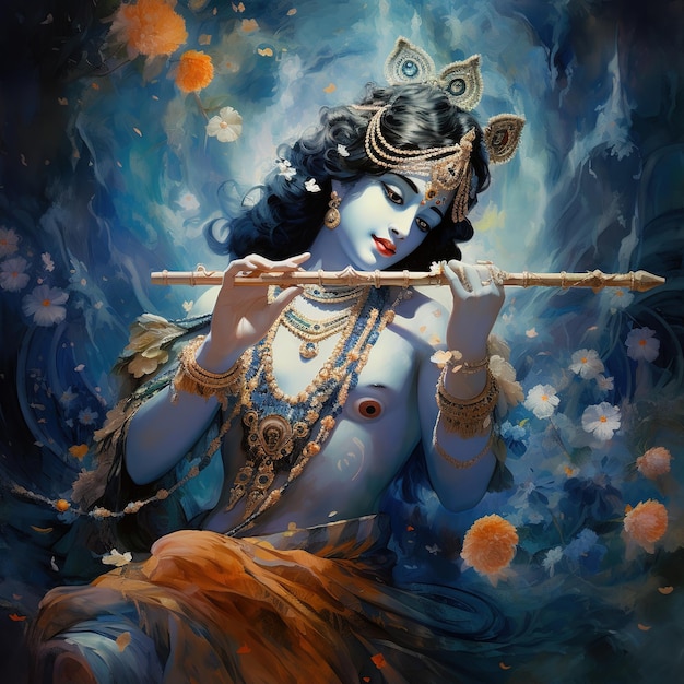 Senhor Krishna tocando flauta por ocasião do festival Janmashtami da Índia Ai Generated